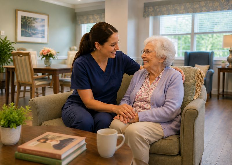 Caring staff with resident at The Waters of Sullivan